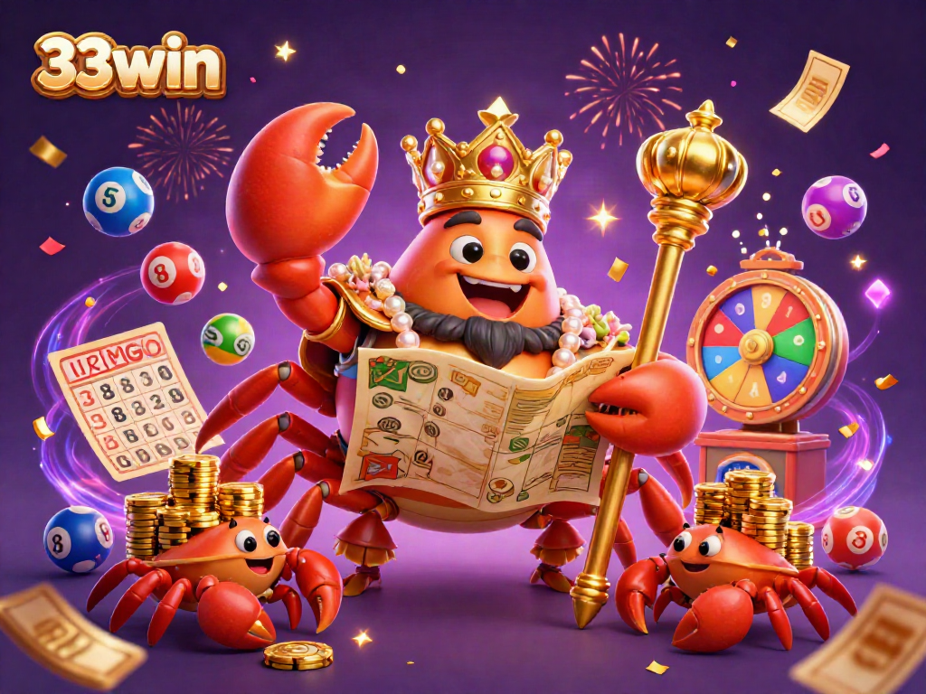 Experience the thrilling world of 33win with a golden crab emperor and dynamic lottery scenes.