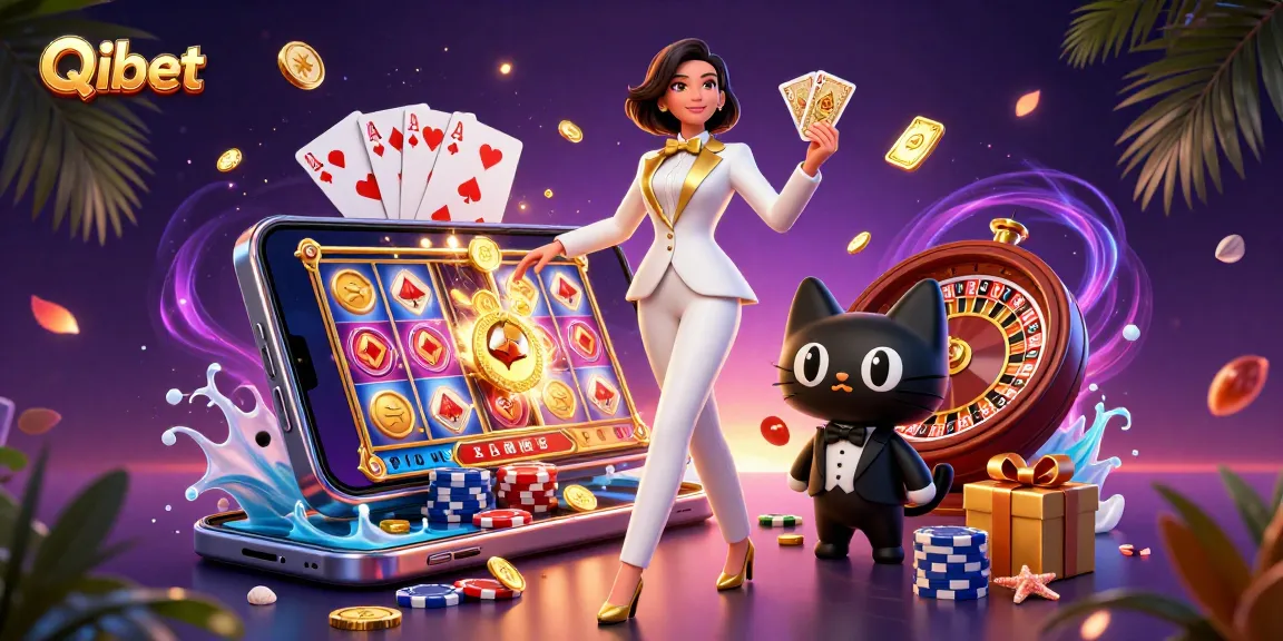Experience the thrill of Qibet with a glamorous woman shuffling cards alongside casino elements.