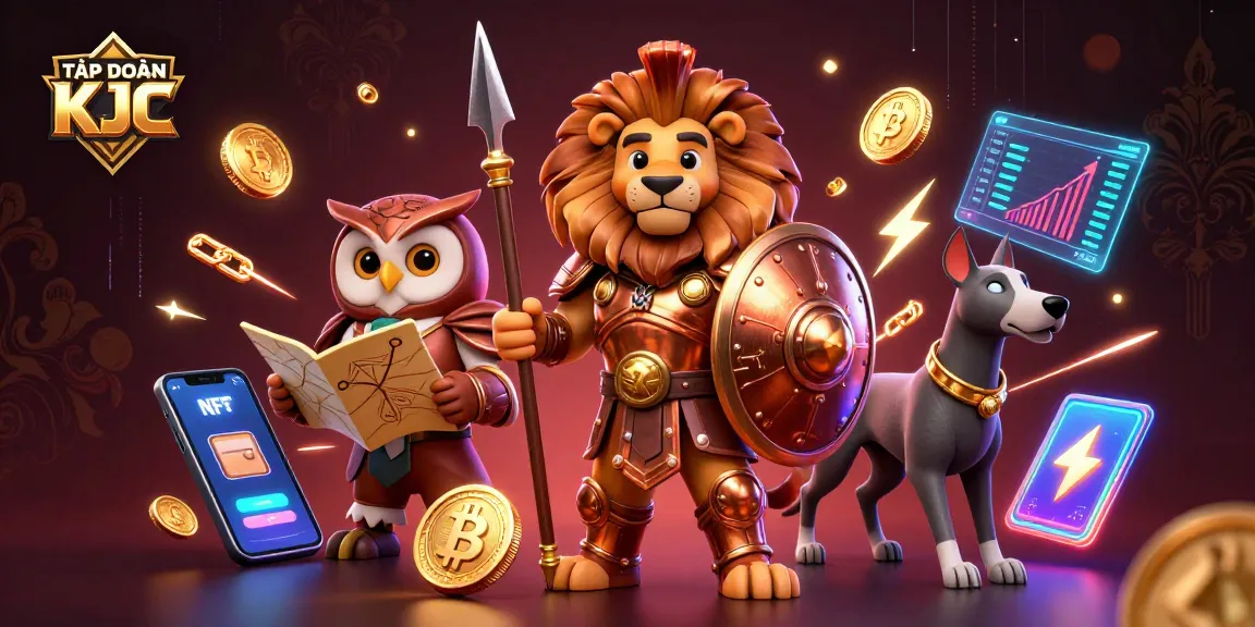 TẬP ĐOÀN KJC showcases a vibrant and dynamic online gambling scene with glowing cryptocurrency elements.