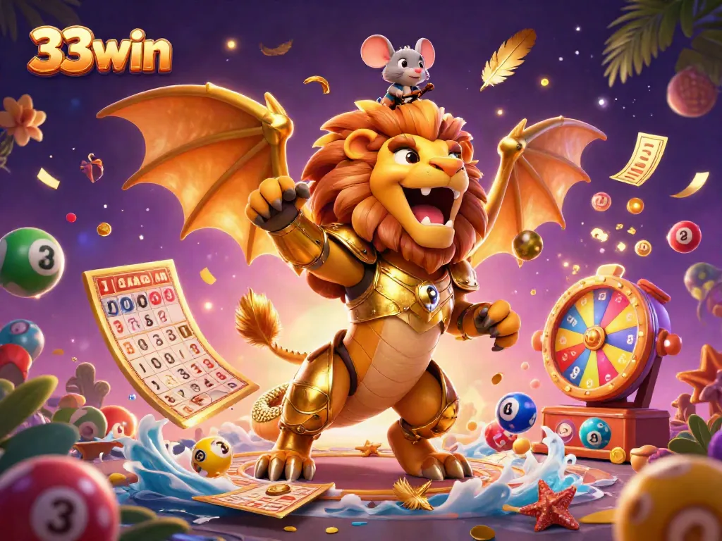 Experience the thrilling world of 33win with a vibrant 3D casino scene filled with dynamic lottery elements.