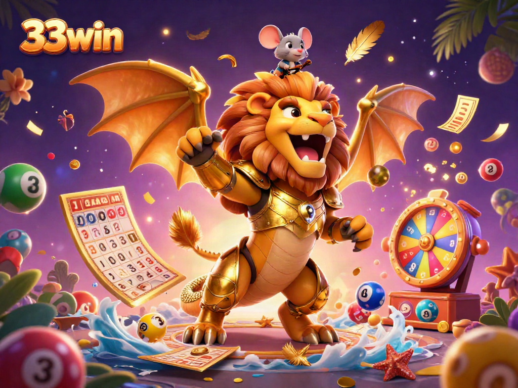 Experience the thrilling world of 33win with a vibrant 3D casino scene filled with dynamic lottery elements.