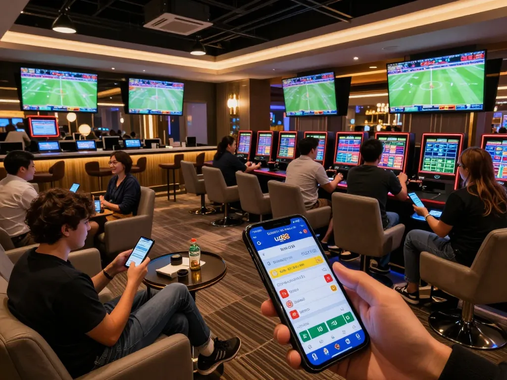 Fans engaging in live sports betting with the ug88 app in a vibrant casino lounge.