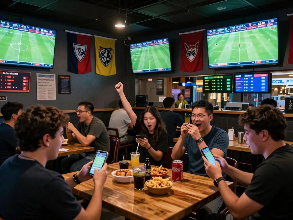 Tỷ lệ kèo nhà cái hôm nay seen at a packed sports bar with fans checking bets