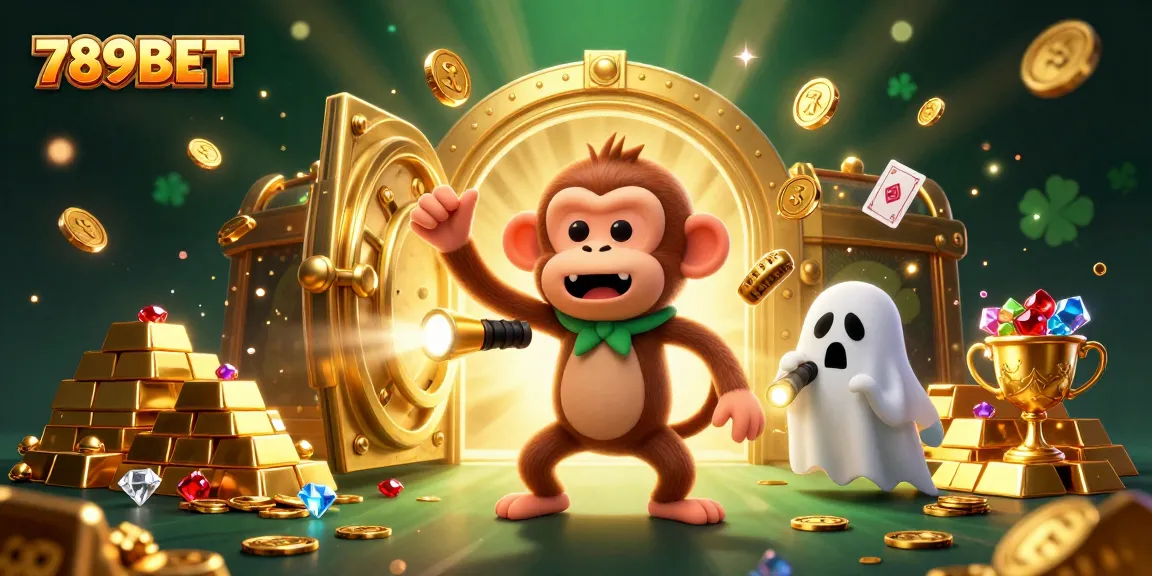 Experience thrilling gameplay at 789BET with golden treasures and whimsical characters in a haunted casino.