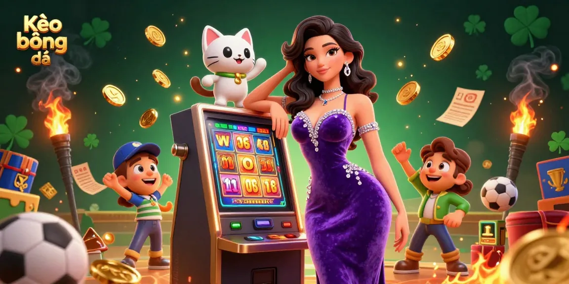 Kèo bóng đá elevates your betting experience with stunning visuals of a woman, jackpot slot machine, and sports elements.