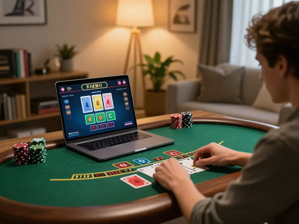 Engaging in a strategic blackjack game at luck8 com from a cozy home office.