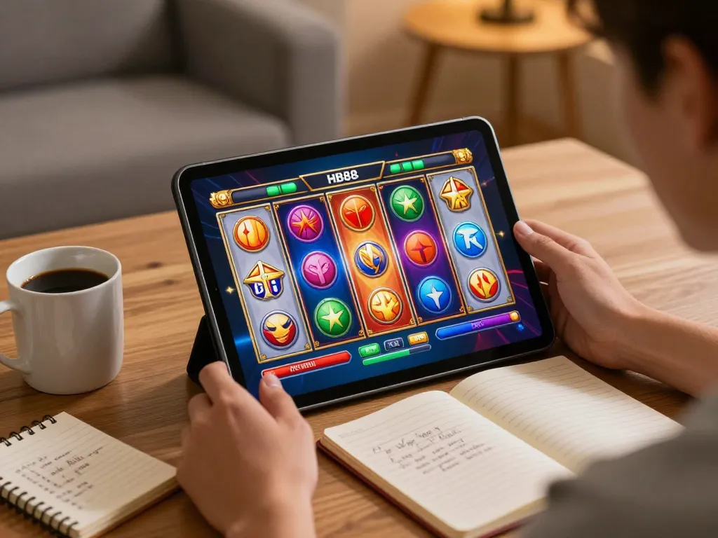 HB88 user enjoying online casino games on tablet in a cozy home setup with strategic notes.
