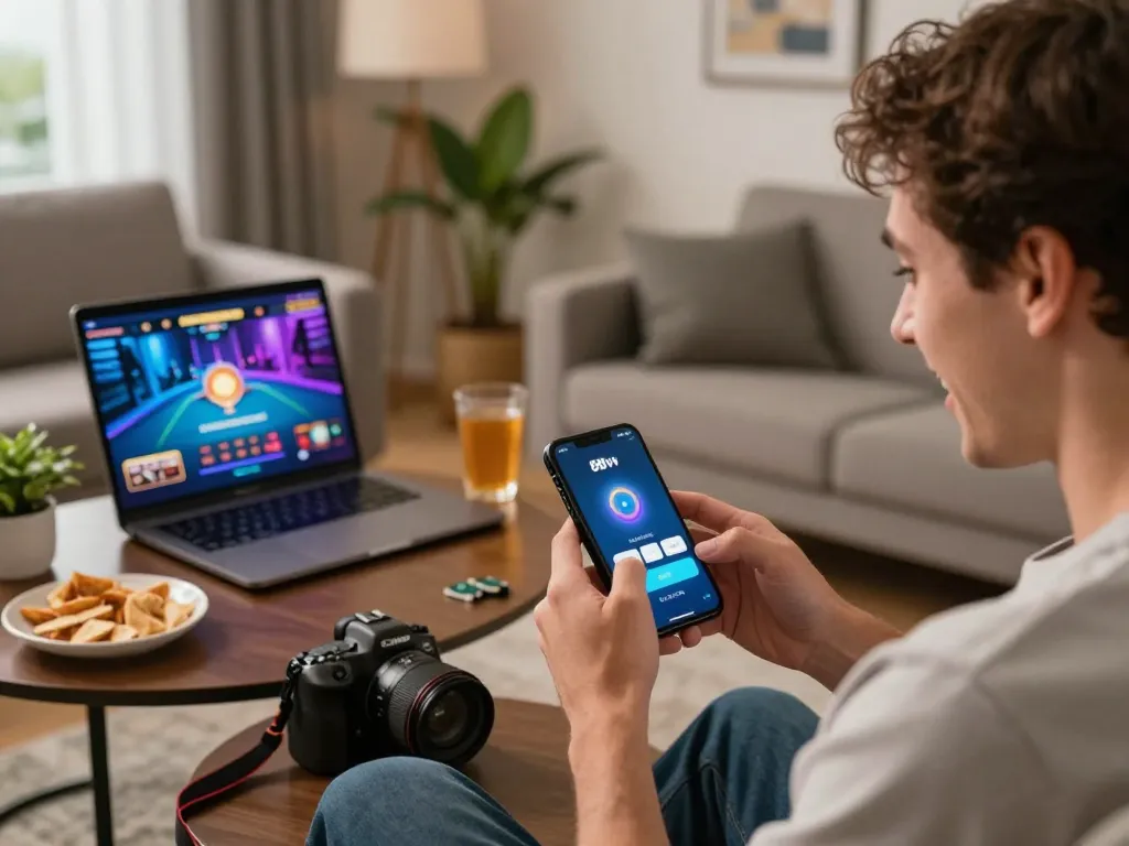 Player engaging with the 88vv mobile app, showcasing dynamic online gambling experience at home.