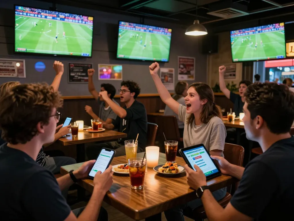 Socolive viewers cheering and betting in an engaging sports bar during a live game.