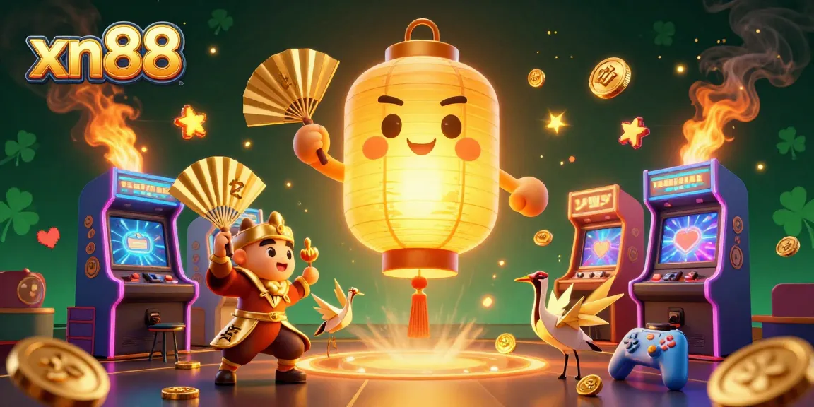 Engage in exciting gameplay with xn88's vibrant casino scene featuring golden lanterns and arcade elements.