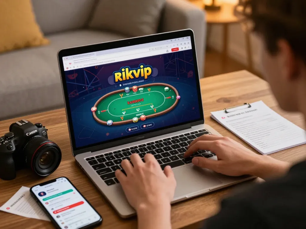 Engaged player enjoying rikvip online poker game on laptop, creating a thrilling home gambling experience.