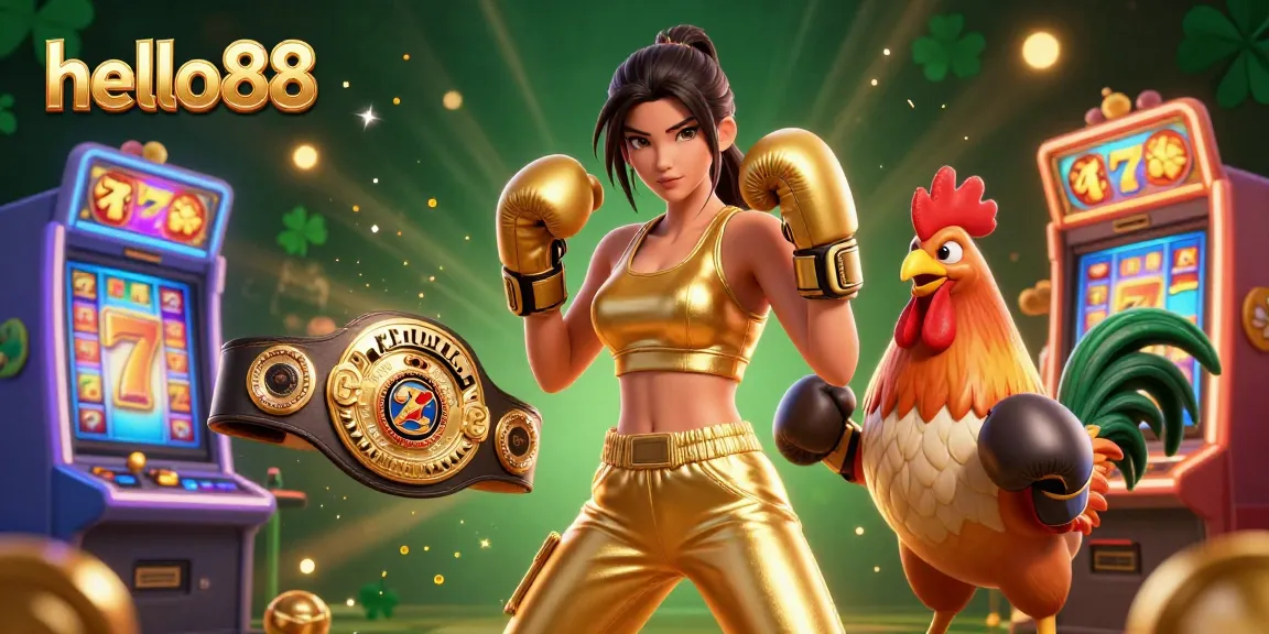 Engage with thrilling casino action at hello88 featuring a powerful female athlete, championship rooster, and vibrant slot machines.