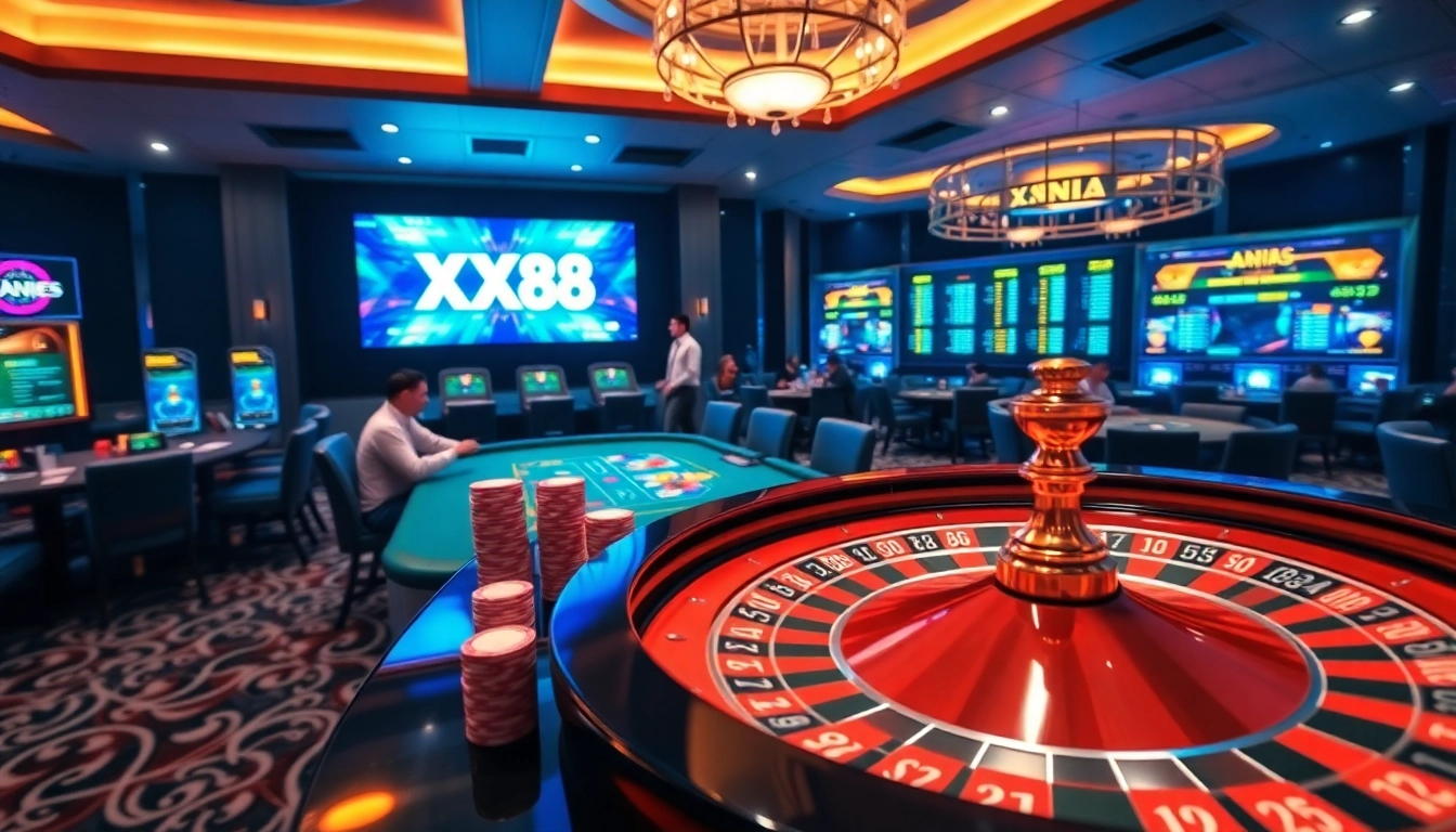 Experience thrilling online gaming at https://xx88.day/ with poker chips and a spinning roulette wheel.
