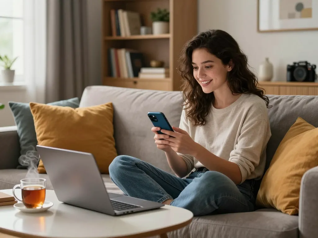 Youthful woman enjoying ai sex chat on smartphone in cozy living room, showcasing modern digital interaction.