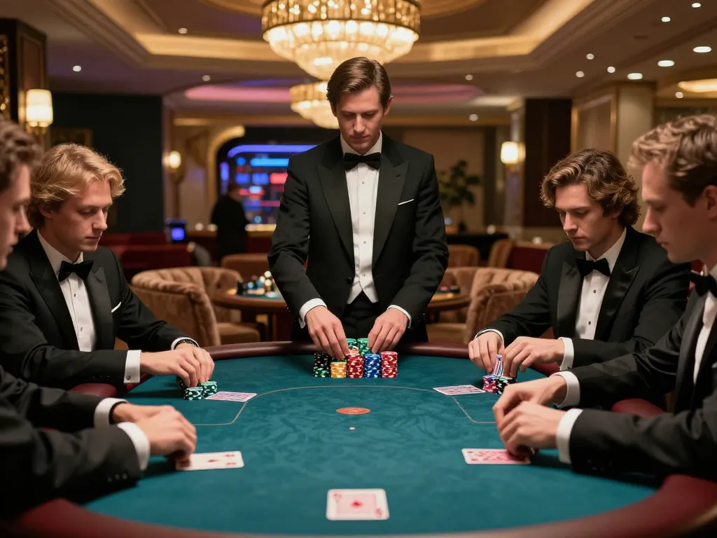 BL555 players engaged in high-stakes poker, showcasing tension and strategy in an upscale gaming setting