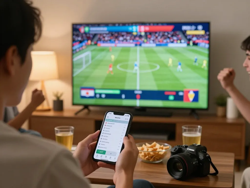 Betting on keo nha cai app during a live football match in a cozy home setting