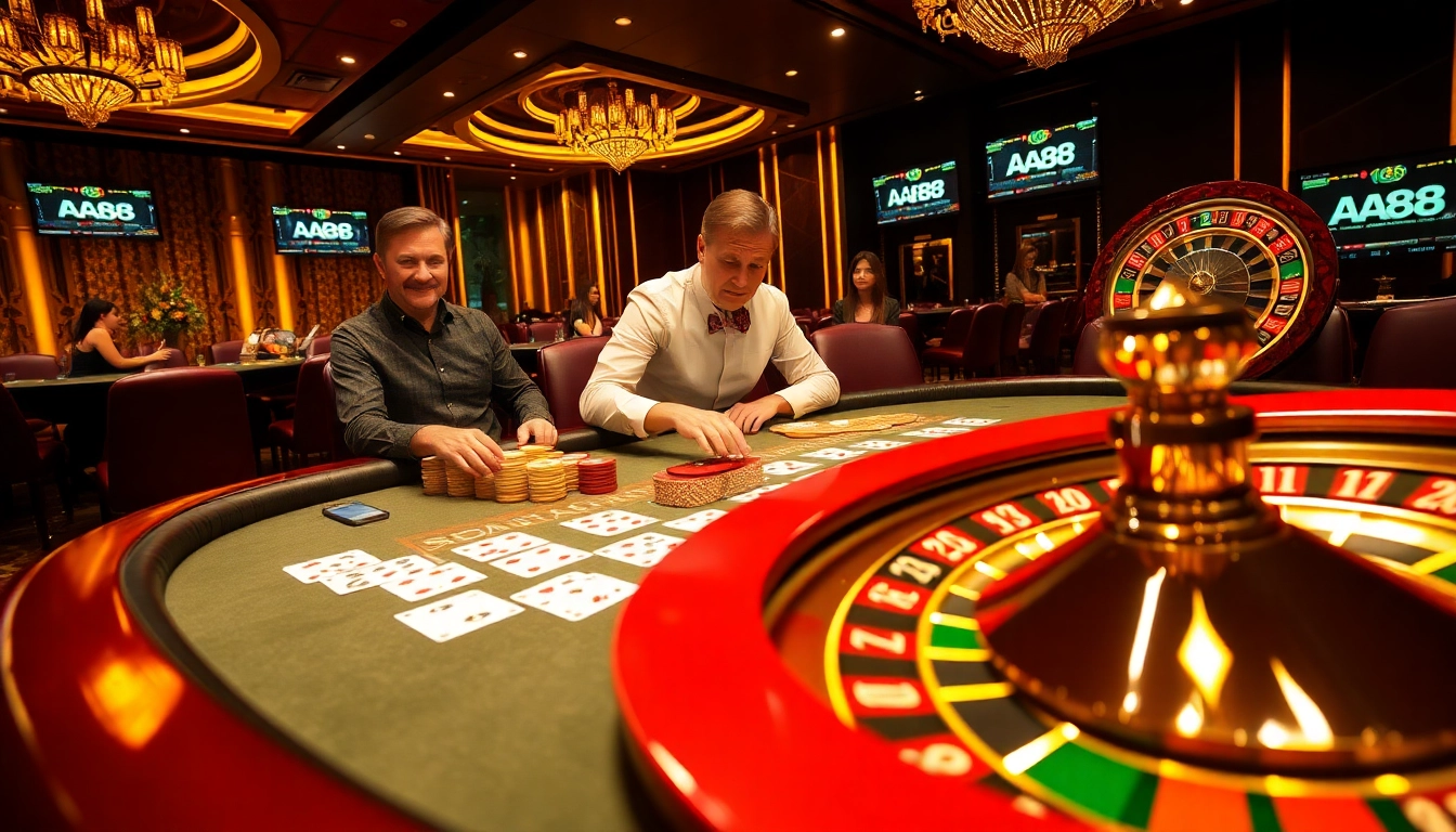 Players strategize their bets at AA88's luxurious blackjack table, surrounded by poker chips and a roulette wheel.