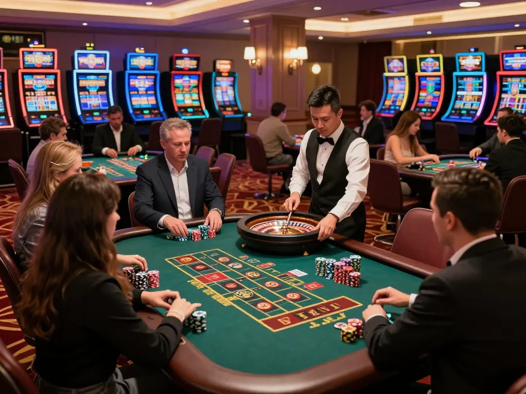 32win players excitedly betting at a roulette table in a vibrant casino atmosphere