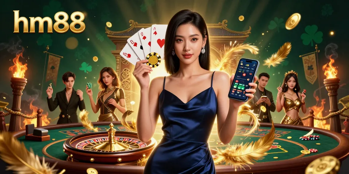 Engage in the excitement of hm88 with a stunning Asian woman in a deep navy satin dress, showcasing casino action and luxury.