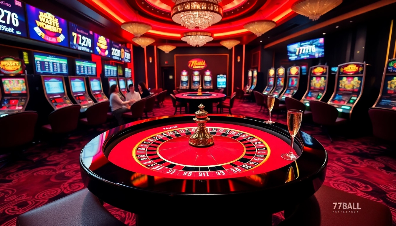 Players excitedly engage with 77BALL casino games at a luxurious roulette table.