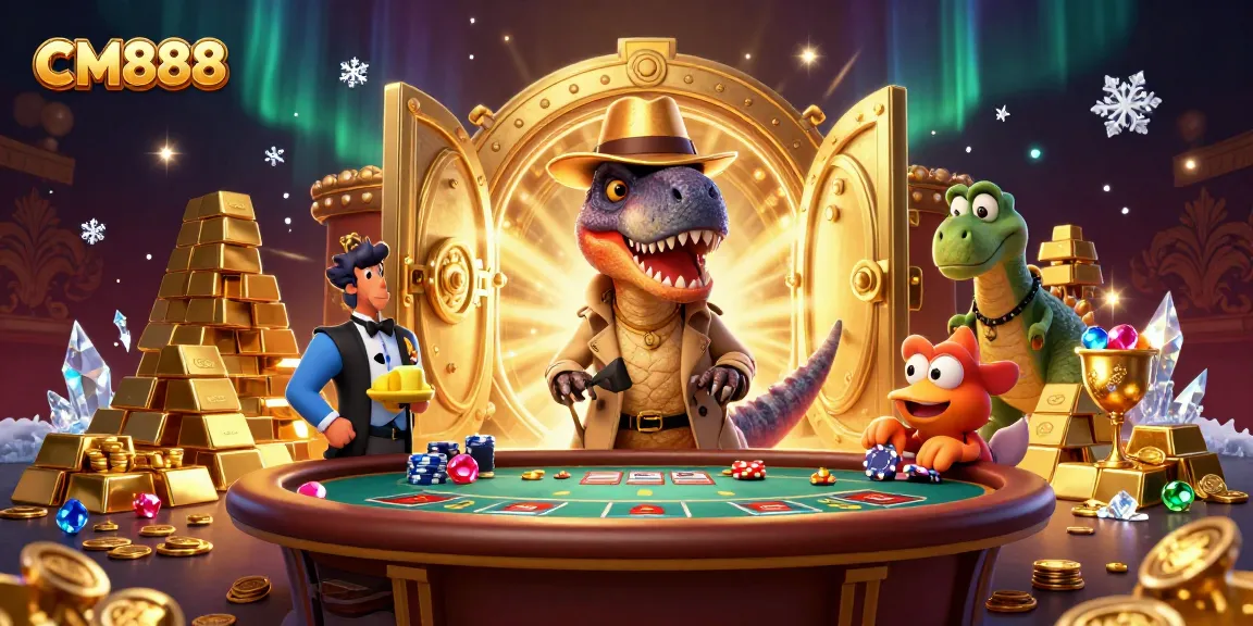 CM888 velociraptor card counter surrounded by casino riches, showcasing excitement and thrill of gambling.