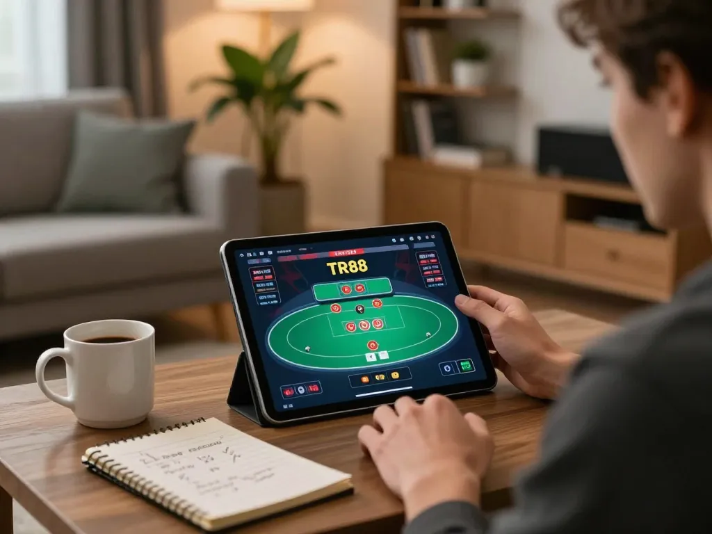 Engaging in online gambling at TR88 link on a tablet in a cozy living room setting