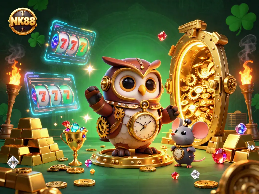 Engage with NK88's thrilling slot experience featuring a steampunk owl in a vibrant casino scene.