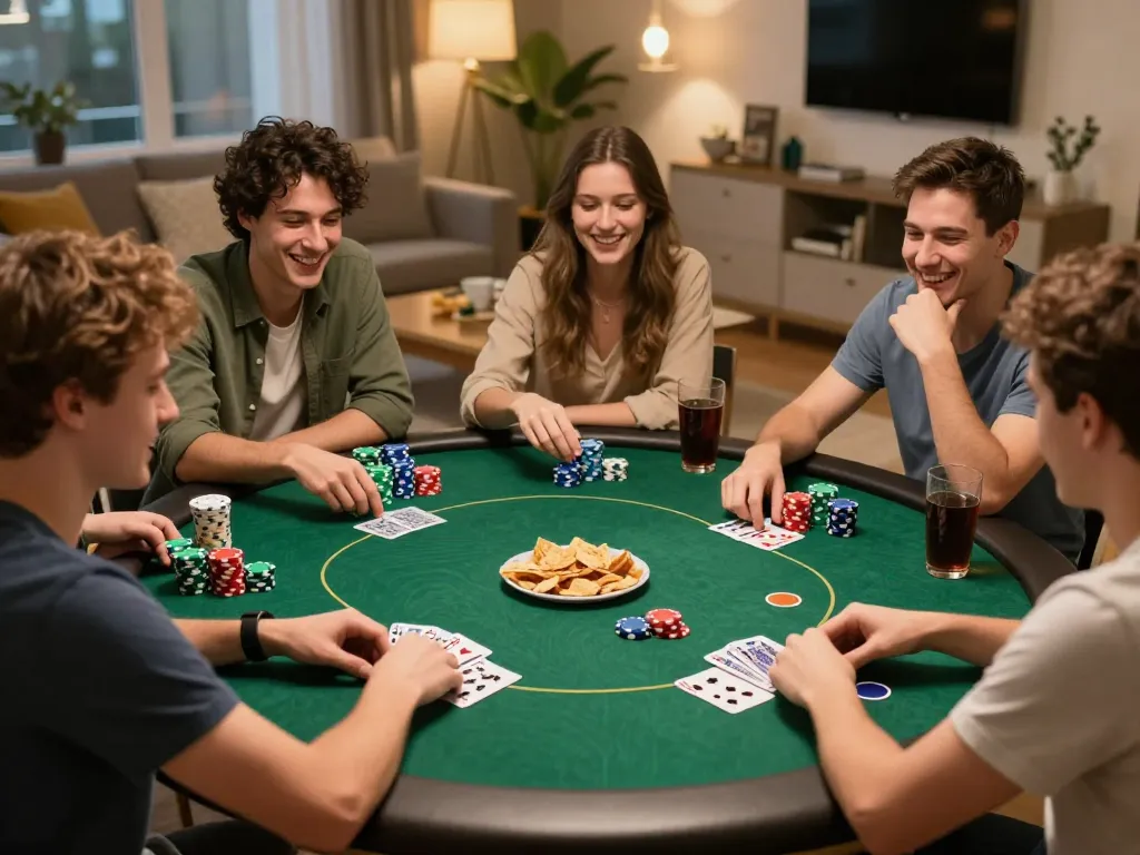 Friends celebrate winning poker hands during an engaging game night on tg887