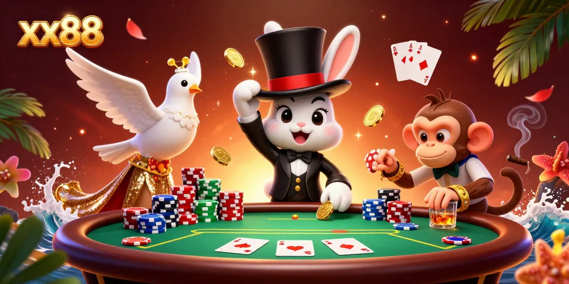 Experience the magic of xx88's online casino with a poker-themed scene filled with vibrant characters and rich detail.