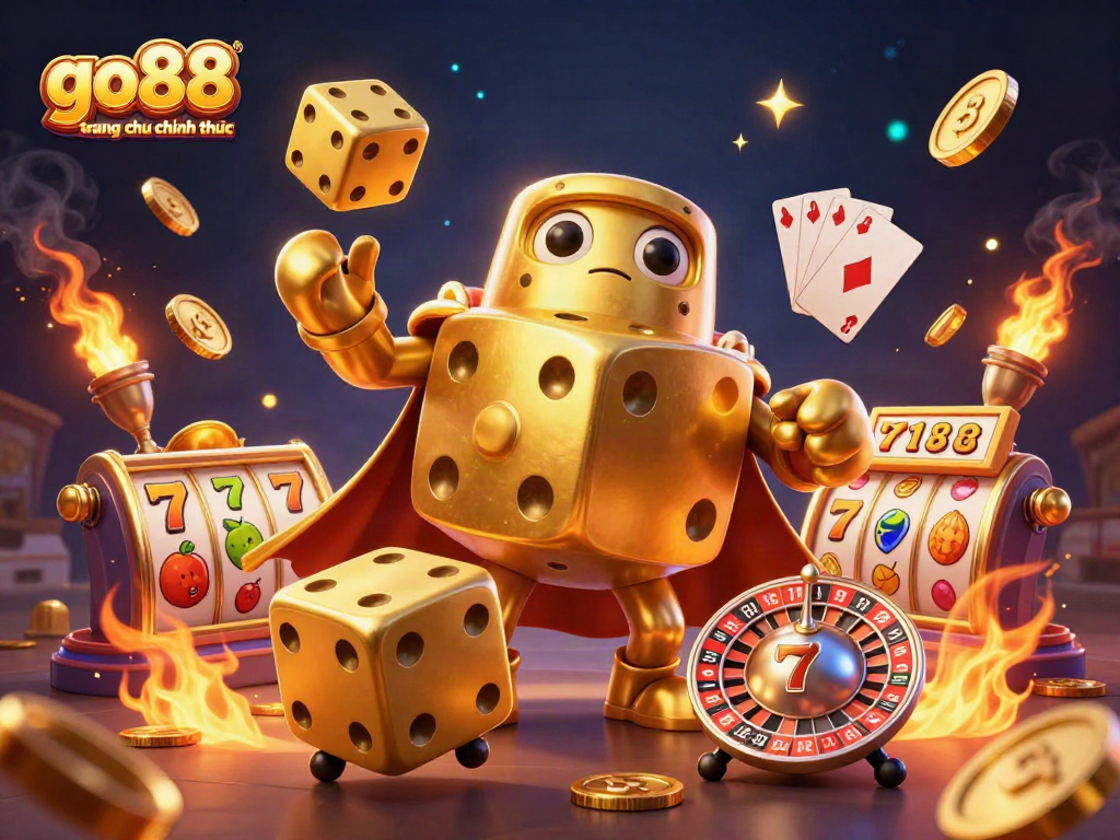 Engage with the vibrant world of go88 trang chu chinh thuc, showcasing a golden dice golem interacting with dynamic casino elements.