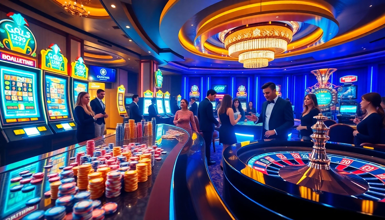Gambler placing bets at Go99, illuminated casino tables, and vibrant slot machines.