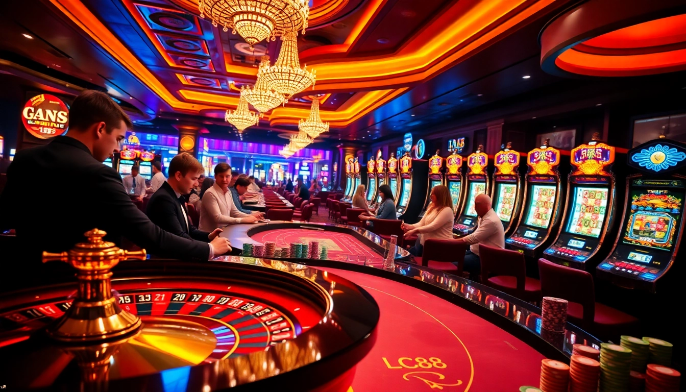 Players enjoying a lively casino atmosphere focused on the LC88 gaming experience, featuring roulette tables and poker.