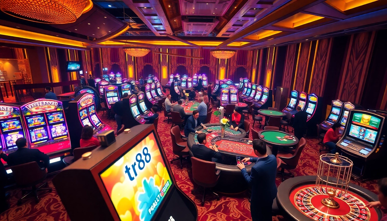 Excited players engage with casino games at a vibrant tr88-themed gambling floor.