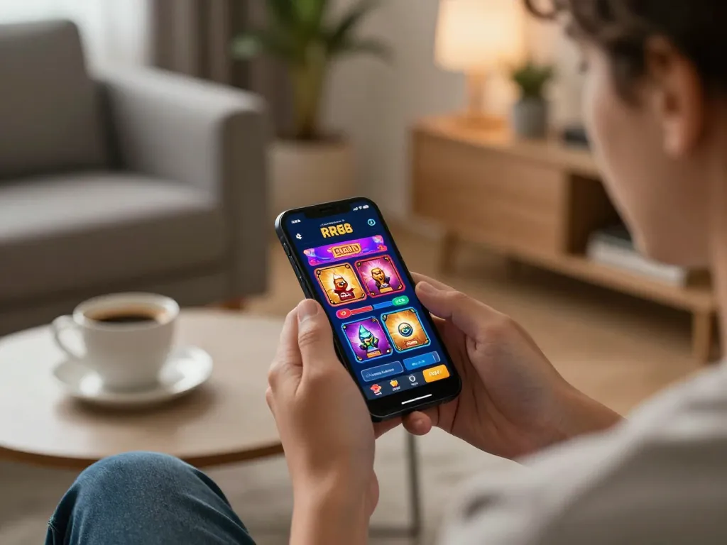 Engaging in RR88 mobile casino gaming on a stylish smartphone in a cozy home setting