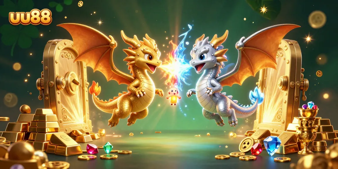 Experience thrilling gameplay at uu88 with gold and silver dragons against treasure-filled backgrounds.