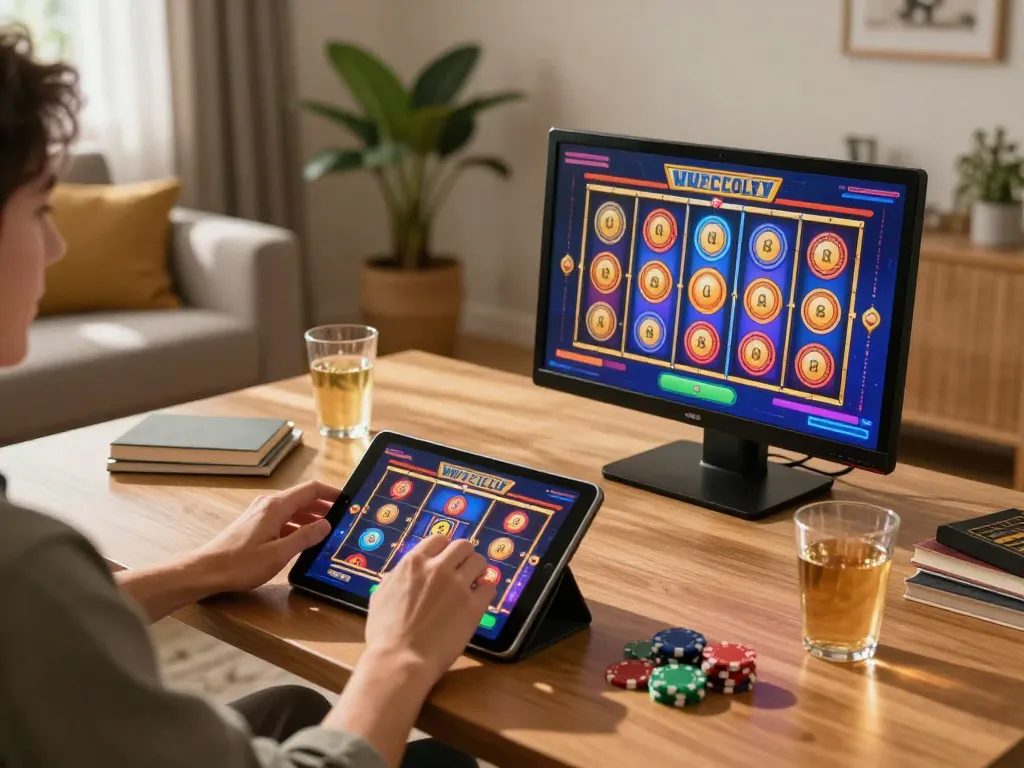 Experience the thrill of playing at trang chủ 98win with engaging slot games displayed on a tablet in a cozy home setting