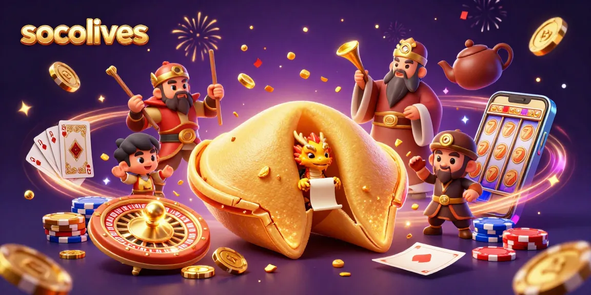 Engage with socolives in a vibrant casino scene featuring a golden cookie and dragon amidst festive elements.
