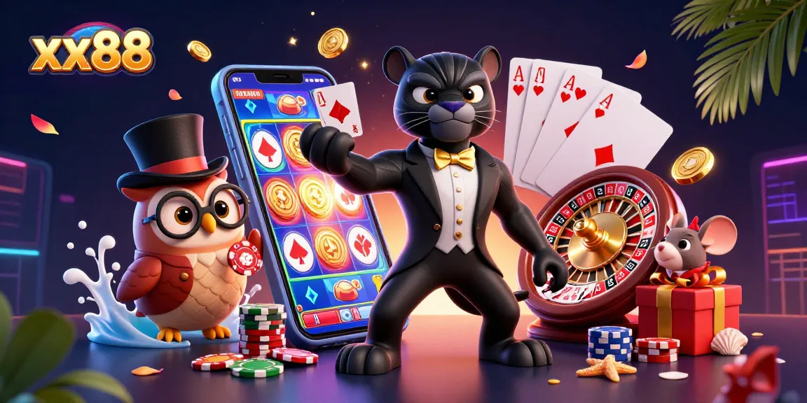 Play exciting games with xx88's vibrant casino atmosphere in this richly illustrated scene.