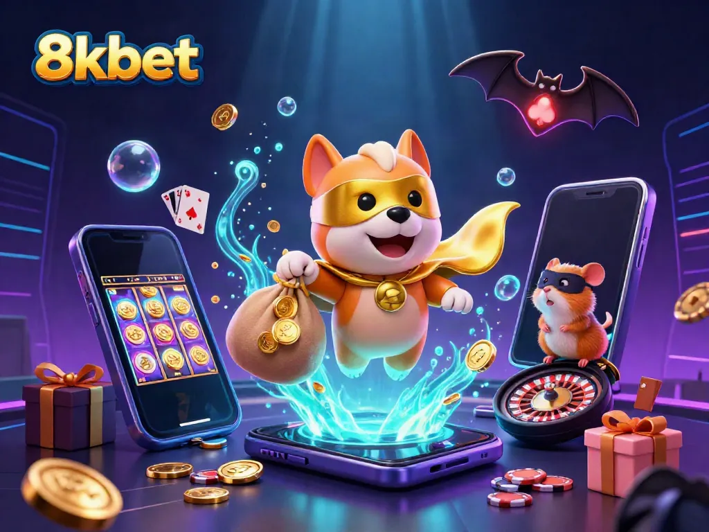 Experience excitement with 8kbet; superhero dog and sidekick showcase thrilling casino adventures.