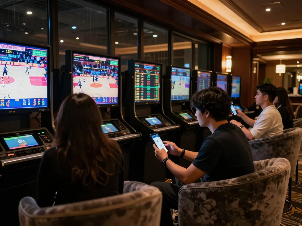 Patrons engaging with KUBET mobile app while placing bets in a upscale sports betting lounge