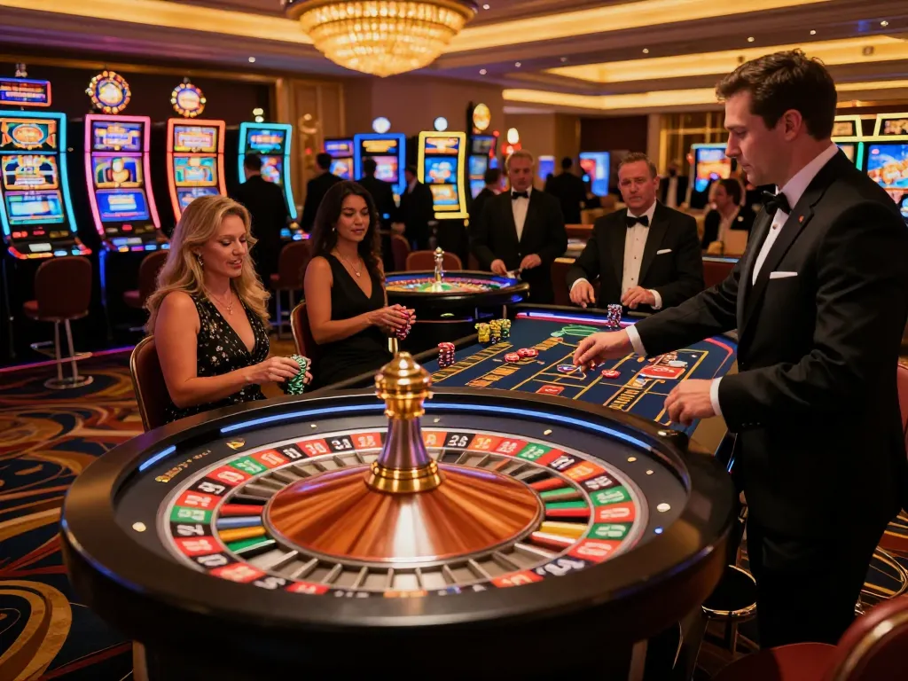 MM88 players engaging in a thrilling roulette game, capturing excitement and strategy in a vibrant casino atmosphere