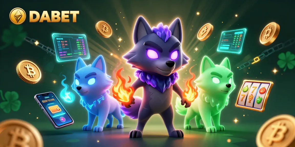 DABET elevates gaming excitement with slot reels, spectral wolves, and vibrant crypto elements.