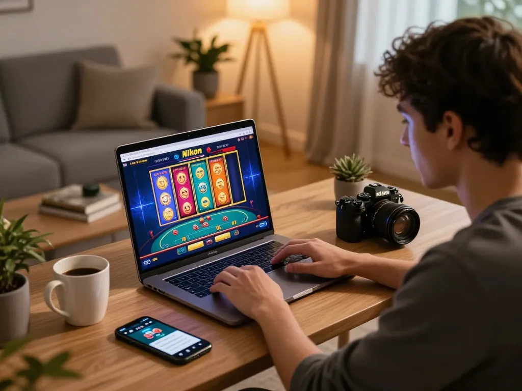 Engaging in online gambling with Link 789win on a laptop, showcasing a cozy home setting.