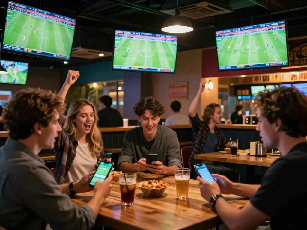 Excited patrons using keobongda on their smartphones at a vibrant sports bar to place live bets