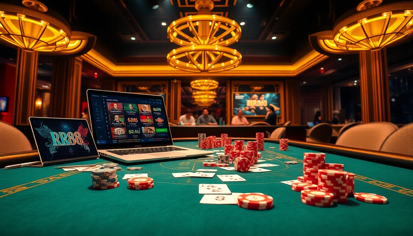 Exciting gaming action at RR88 casino table with poker chips and cards.