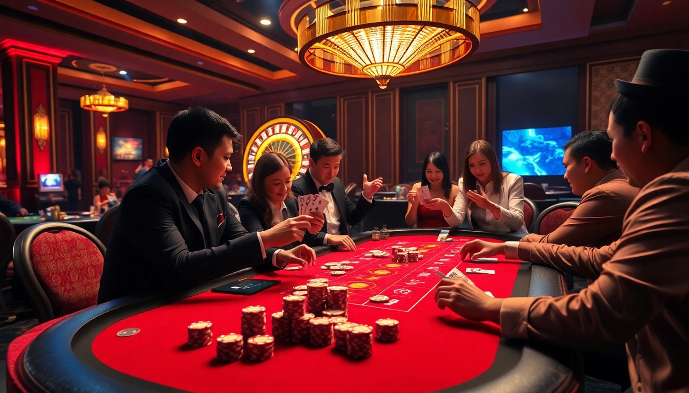 High-stakes poker scene at an OKFUN-themed casino, showcasing luxury and excitement.