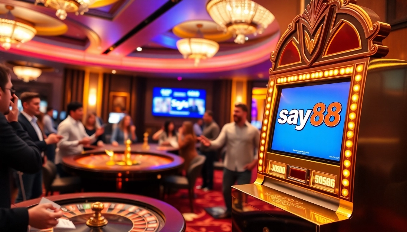 SAY88 casino experience showcasing an elegant slot machine and excited players at a poker table.