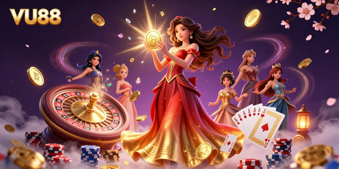Spin to win with VU88, showcasing lively casino elements like coins, cards, and roulette!