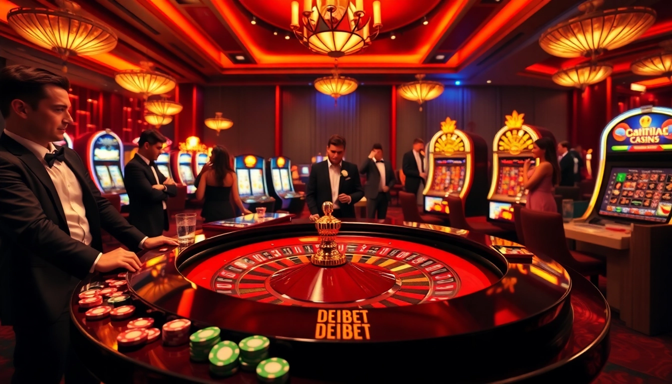 Excited players engaging in debet betting around a luxurious roulette table in a vibrant casino setting.