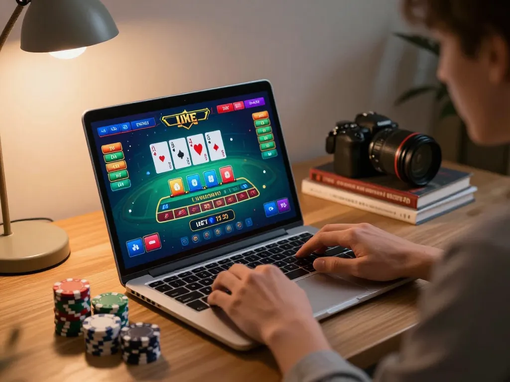 Exciting moment at nhà cái 789win featuring live dealer blackjack game on a laptop screen.
